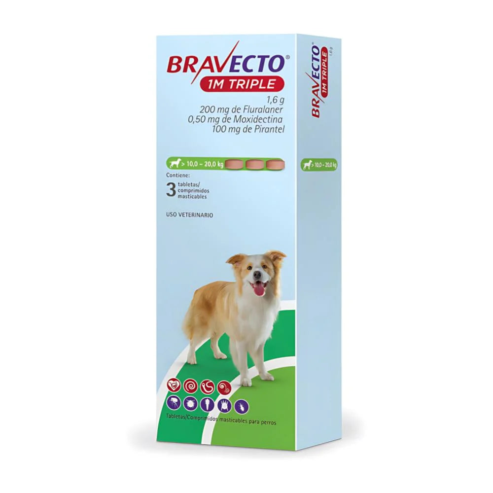 Bravecto 1M Triple Perros 10 a 20 kg - Caja x 3 Tabletas Masticables Bravecto verde