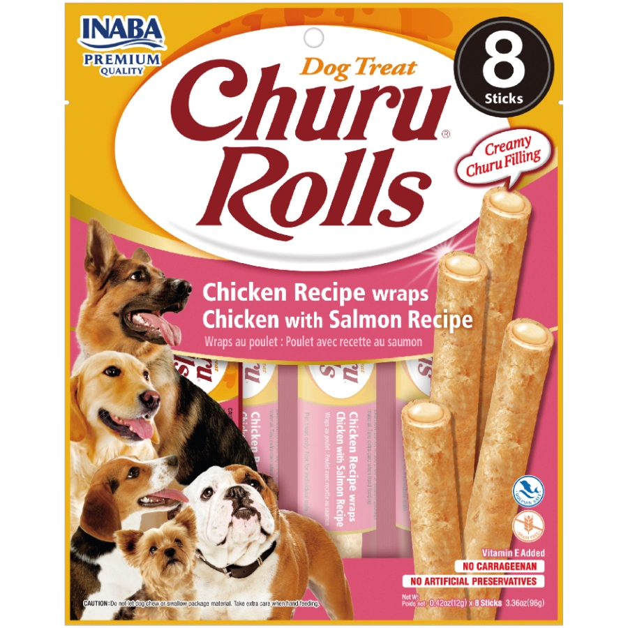 CHURU ROLLS SABOR POLLO CON SALMÓN PARA PERROS x8 UNIDADES