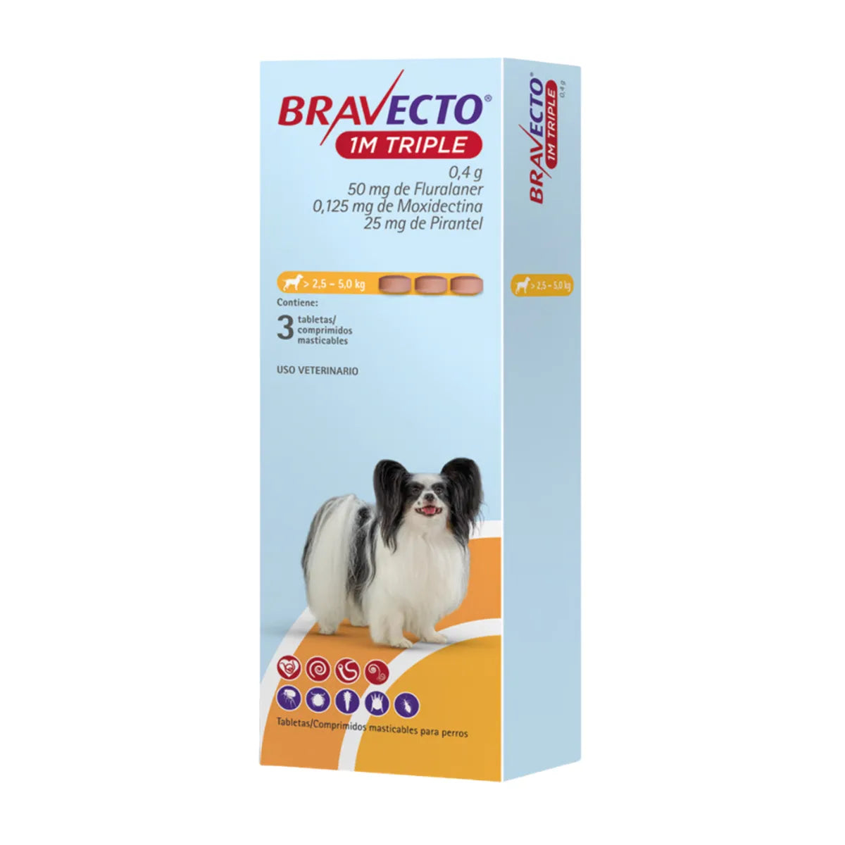 Bravecto 1M Triple Perros 2.5 a 5 kg - Caja x 3 Tabletas Bravecto amarillo
