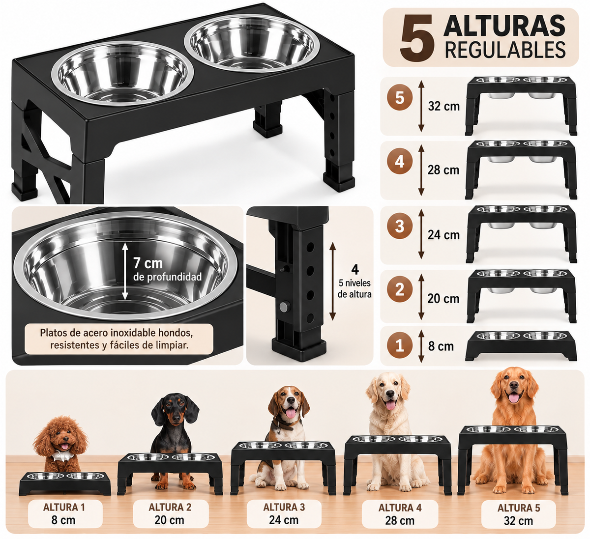 Comedero Elevado para Perros 5 Alturas 2 Platos de Acero