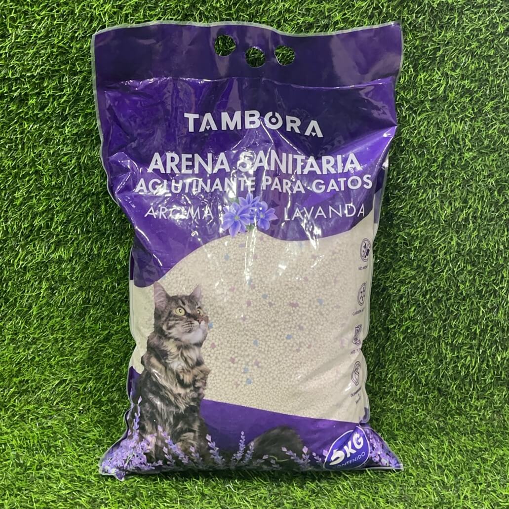 ARENA PARA GATO TAMBORA CON PERLAS AROMATIZANTES OLOR LAVANDA 5 KILOS