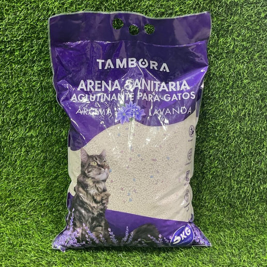 ARENA PARA GATO TAMBORA CON PERLAS AROMATIZANTES OLOR LAVANDA 5 KILOS