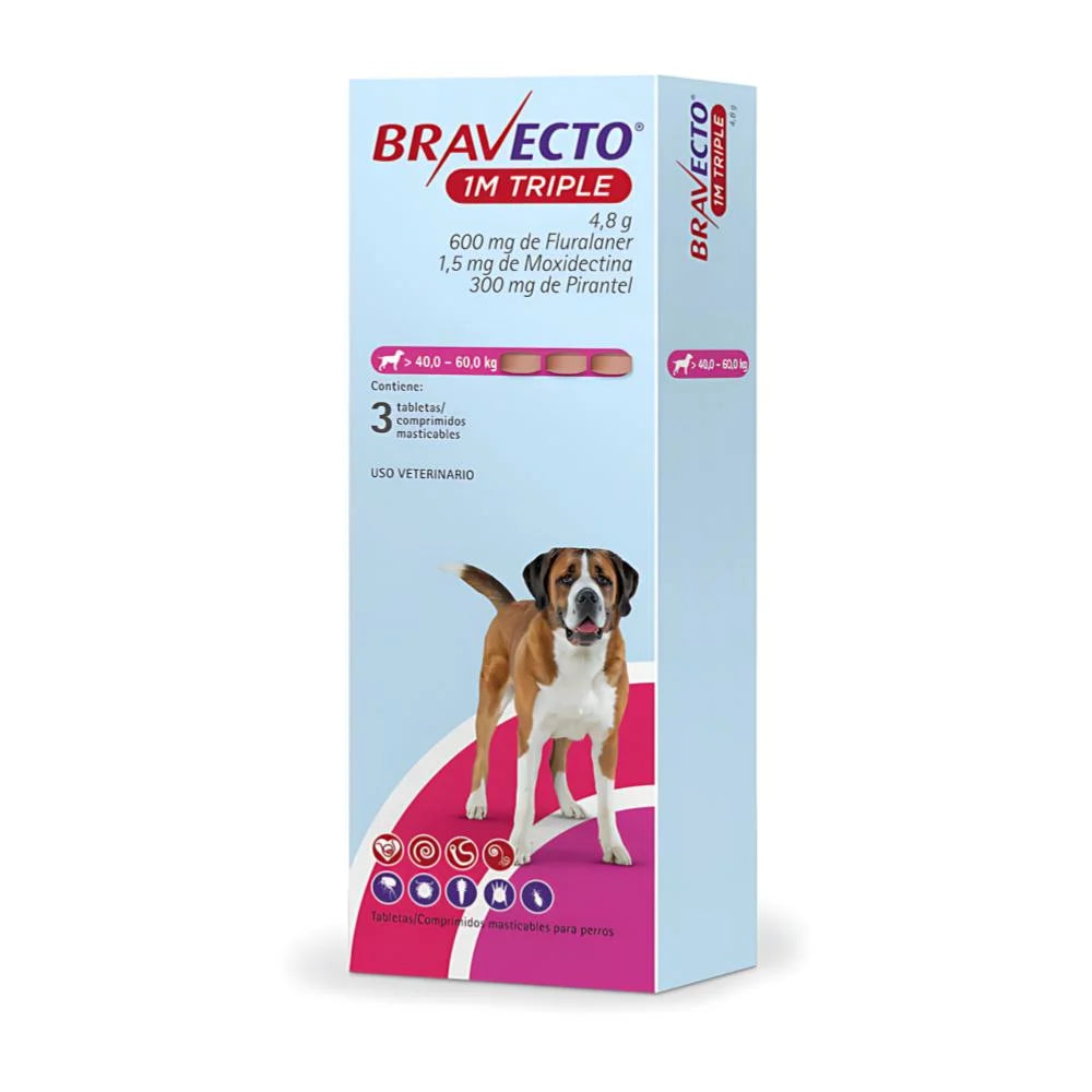 Bravecto 1M Triple Perros Gigantes 40 a 60 kg - Caja x 3 Tabletas BRAVECTO MORADO