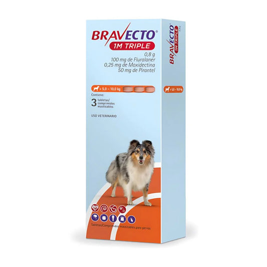 Bravecto 1M Triple Perros 5 a 10 kg - Caja x 3 Tabletas Bravecto Naranja