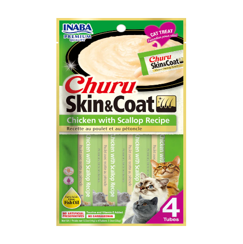 CHURU SKIN AND COAT SABOR POLLO CON VIEIRA PARA GATOS x4 UNIDADES