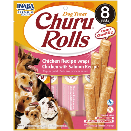CHURU ROLLS SABOR POLLO CON SALMÓN PARA PERROS x8 UNIDADES
