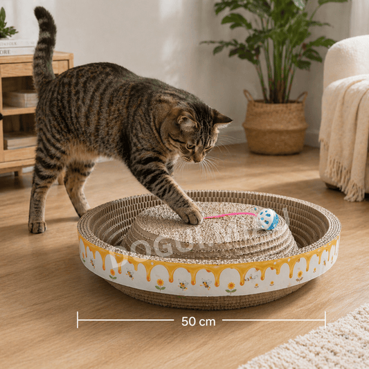 rascador para gatos circular 50 cm con juguete de pelota y base de cartón resistente

rascador para gatos grande 50 cm diseño circular antiestrés para mascotas