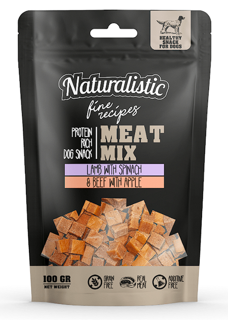 SNACKS NATURALISTIC MEAT MIX TROCITOS SABOR CORDERO CON ESPINACA Y RES CON MANZANA