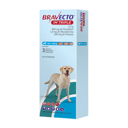 Bravecto 1M Triple Perros Grandes 20 a 40 kg - Caja x 3 Tabletas