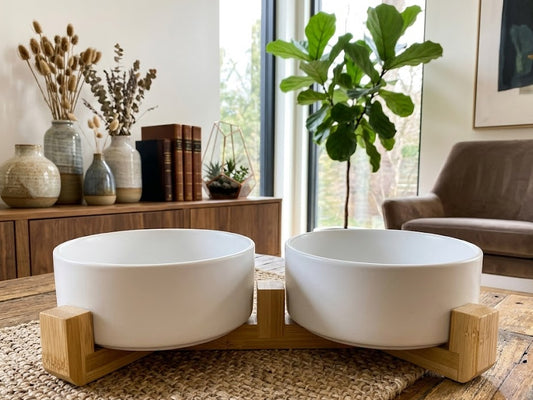 PLATO DUAL DE CERÁMICA CON BASE DE MADERA